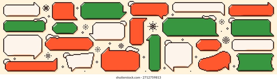 Conjunto de Navidades pixel art burbujas de discurso vacías. Nubes de texto rojas y verdes con picos nevados y frases festivas.