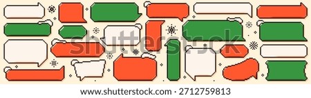 Set of Christmas pixel art empty speech bubbles. Red and green text clouds with snowy peaks and festive phrases.