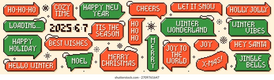 Conjunto de Navidades pixel art burbujas de discurso. Nubes de texto rojas y verdes con picos nevados y frases festivas.