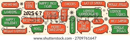 Set of Christmas pixel art speech bubbles. Red and green text clouds with snowy peaks and festive phrases.