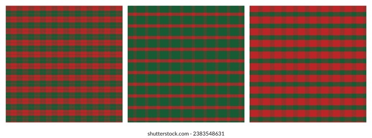 Set of Christmas plaid seamless pattern.Checkered tartan gingham with twill weave repeat pattern in green red.Geometric vector graphic background design for fabric and print.Xmas collection.