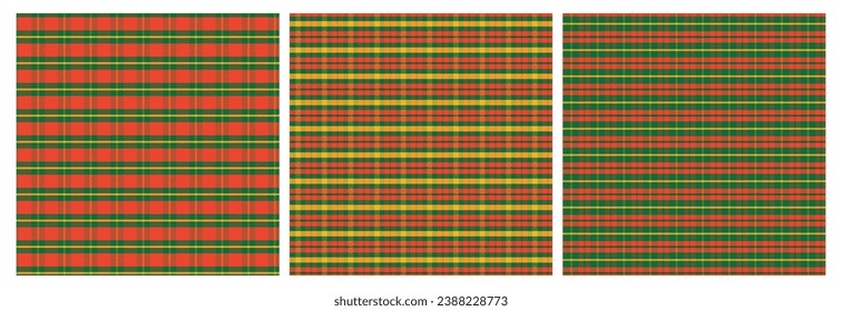 Set of Christmas plaid seamless pattern.Checkered tartan gingham with twill weave repeat pattern in green red.Geometric vector graphic background design for fabric and print.Xmas collection.