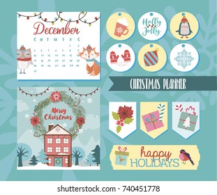 Set of christmas planner and stickers for creating holiday mood. Vector illustration