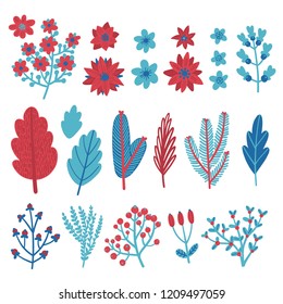 Set of Christmas plants drawn in doodle style. Branches of Christmas trees, berries, mistletoe and other plants.