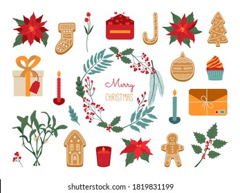 Set of Christmas plants and elements. Hand drawn collection with holiday symbol of New Year, poinsettia, wreath, gingerbread. Vector illustration in flat cartoon style isolated on white background. 