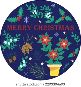 Conjunto de plantas navideñas un sprint de mistletoe, poinsettia, conos, pino, árbol de Navidad, holly. Composición redonda. Ilustración vectorial navideña en un estilo plano de caricatura para una postal o pancarta.