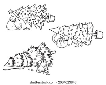 Set of Christmas playful cat. Collection of cute festive kittens in a garland with an inverted tree. Happy New Year. Vector illustration of funny pets for holiday cards.