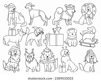 Set of Christmas playful dog. Collection of cute different holiday puppies with Christmas decorations, Santa hat, gift, fir wreath. Happy New Year. Vector illustration for holiday cards.