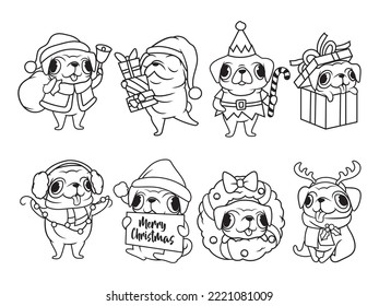 Set of Christmas playful pug. Collection of cute different holiday puppy with tree toys, santa hat, gift, spruce wreath. Happy New Year. Vector illustration for holiday cards.