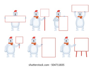 Set of Christmas polar bear characters posing with different blank banners. Cheerful bear holding paper, poster, placard. Teach, promote, advertise. Flat style vector illustration