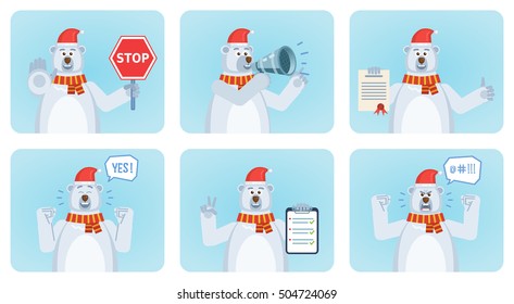 Set of Christmas polar bear characters posing in different situations. Cheerful bear holding stop sign, loudspeaker, document, clipboard, angry, successful. Flat style vector illustration