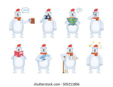 Set Of Christmas Polar Bear Characters Posing In Different Situations. Cheerful Bear Holding Mug Of Beer, Photo Camera, Map, Book, Fish, Magnifier, Injured, Dizzy. Flat Style Vector Illustration