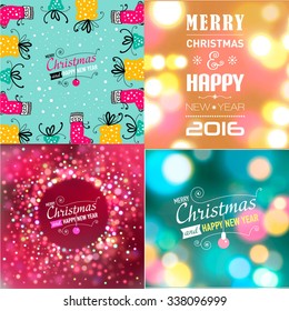 Set of Christmas post card templates. Designed text. Vector illustration.