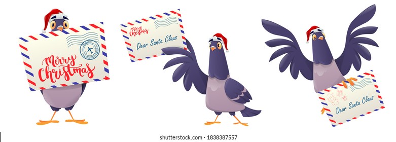 Set of Christmas post pigeon. A cartoon pigeon holding a mailing envelope. Christmas pigeon brought mail to Santa Claus. Pigeon with letters Merry Christmas. Vector illustration