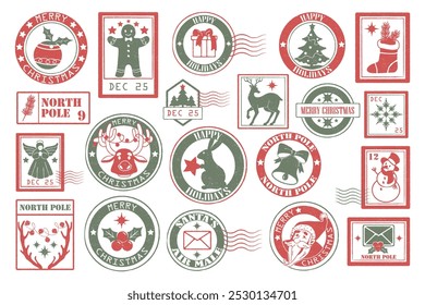 Set of Christmas post stamps. Vector retro icons or stickers. Holiday sign or prints for envelope decoration. New Year collection for North Pole mail of Santa Clause. Vintage grunge postal imprint.