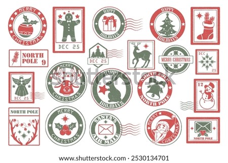 Set of Christmas post stamps. Vector retro icons or stickers. Holiday sign or prints for envelope decoration. New Year collection for North Pole mail of Santa Clause. Vintage grunge postal imprint.