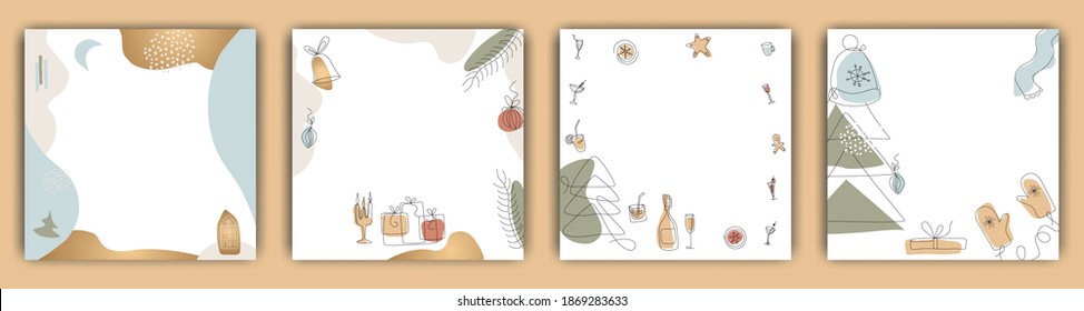 Conjunto de Plantillas de Post de Navidad , Año Nuevo e invierno, arte moderno minimalista, tendencia. Ilustraciones de moda vectoriales, arte de una línea y forma de color, espacio para texto