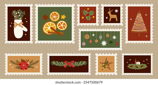 Set of Christmas Postage Stamp Natural Decoration. Festive icon mittens, dried oranges, holly, greenery garlands and wooden toys. Winter nature inspired sticker for holiday design. Vector