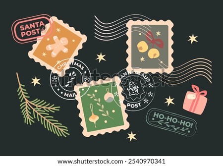 Set of Christmas postage stamps and stamps. A branch of a Christmas tree. Christmas cards