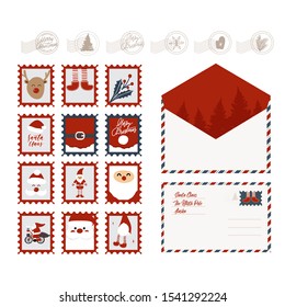 Set of Christmas postage stamps, stamps and envelopes.