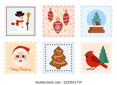 Set Of Christmas Postage Stamps For Mail Or Decoration Vector Illustration In Flat Style