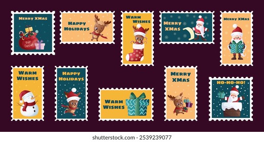 A set of Christmas postage stamps. There are many winter holiday postage stamps. Cardboard postage stickers with Santa Claus, gifts, snowman, cute deer, greeting text. Vector illustration