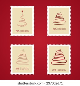 Set of Christmas Postage stamps with tree.Vector illustration