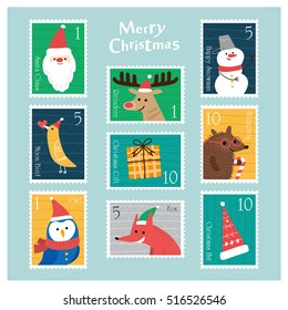 Set Of Christmas Postage Stamps.vector Illustration