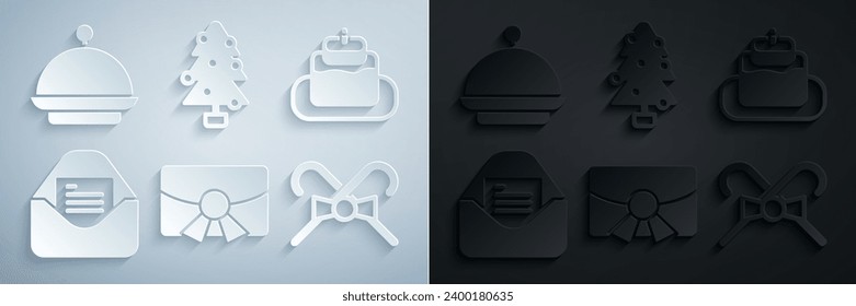 Set Christmas postcard, Cake, party invitation, candy cane, tree and covered with tray icon. Vector