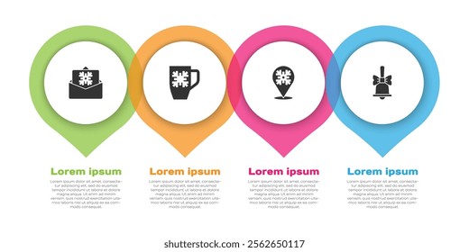 Set Christmas postcard, Coffee cup with snowflake, Snowflake and Merry ringing bell. Business infographic template. Vector