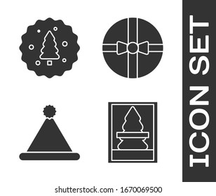 Set Christmas postcard, Cookie or biscuit with chocolate, Christmas Santa Claus hat and Gift box icon. Vector