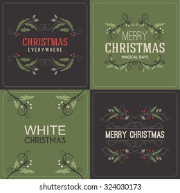 Set of Christmas Postcard Decorative Greetings with Mistletoe Branch, Berries and Typographic Design Elements. Hand Drawn Vector Illustration