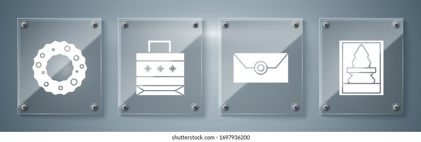 Set Christmas postcard, Envelope with christmas party invitation card, Christmas paper shopping bag and Christmas wreath. Square glass panels. Vector