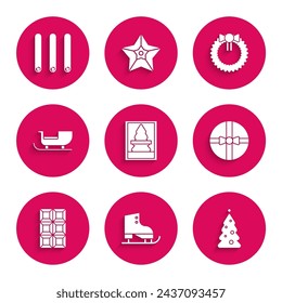 Set Christmas postcard, Figure skates, tree with decorations, Gift box, Chocolate bar, santa claus sleigh, wreath and Three rolled sticks of cinnamon icon. Vector
