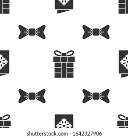 Set Christmas postcard, Gift box and Bow tie on seamless pattern. Vector