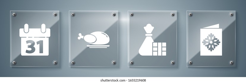 Set Christmas postcard, Gift box and bag, Roasted turkey or chicken and Calendar. Square glass panels. Vector