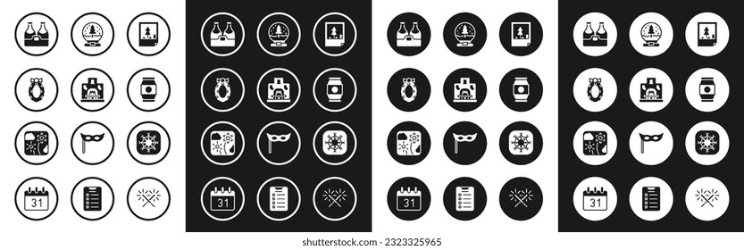 Set Christmas postcard, Interior fireplace, wreath, Champagne bottle, Beer can, snow globe, Snowflake and Firework rocket icon. Vector