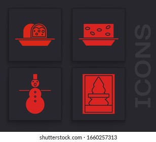 Set Christmas postcard, Marzipan sponge cake, Nougat with nuts and Christmas snowman icon. Vector