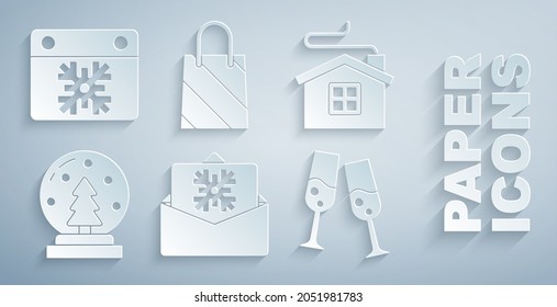 Set Christmas postcard, Merry house, snow globe, Glass of champagne, shopping bag and Calendar icon. Vector