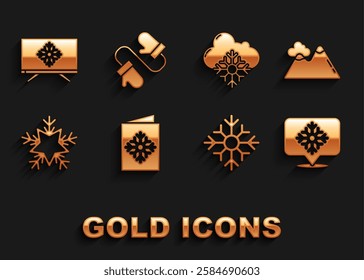 Set Christmas postcard, Mountains, Snowflake with speech bubble, Cloud snow, Merry on television and Pair of knitted christmas mittens icon. Vector