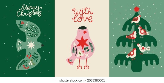 Set of Christmas postcards with birds and tree. Simple New Year illustrations with lettering quotes. Ready for print. Banners, posters, scrapbooking. Scandinavian simple style decoration, presents.