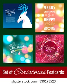Set of Christmas postcards with bokeh lights. Designed text. Vector illustration.