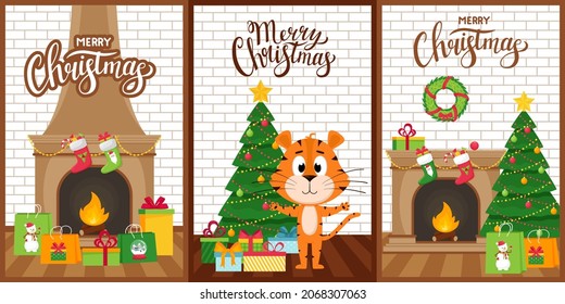 A set of Christmas postcards with a cute cartoon tiger on the background of a fireplace, a Christmas tree and gifts. Vertical cards with symbol of Chinese new year. Merry Christmas greetings. Vector.