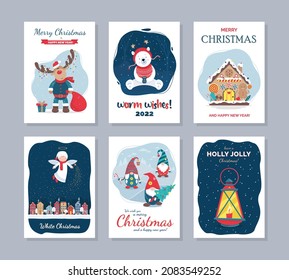 Set of Christmas Postcards. Deer with garland. Little bear with a cup. Three funny gnomes. Gingerbread house. A little angel flies over the city. Lantern with burning candle.