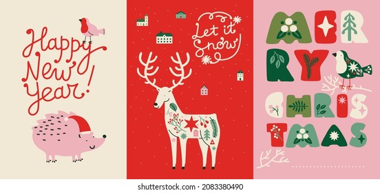 Set of Christmas postcards with deer, hedgehog. Simple New Year illustrations with lettering quotes. Ready for print. Banners, posters, scrapbooking. Scandinavian simple style decoration, presents.