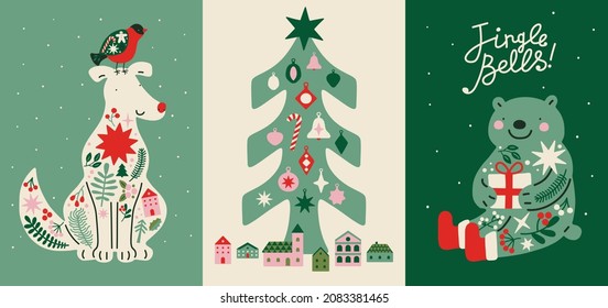 Juego de postales navideñas con perro, árbol, oso. Ilustraciones simples de Año Nuevo con citas con letras. Listo para imprimir. Carteles, afiches, recortes. Decoración escandinava sencilla, regalos.