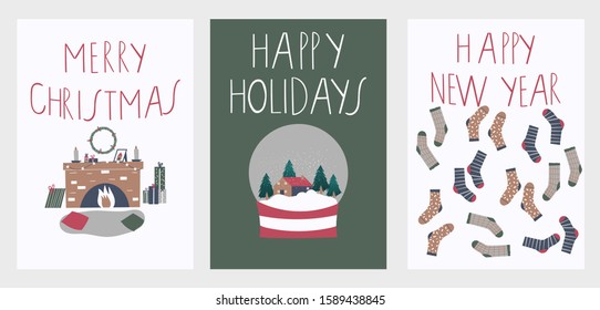 Set of Christmas postcards. Fireplace in cozy room, winter glass globe with house in woods inside, Christmas socks.Christmas and New Year atmosphere
