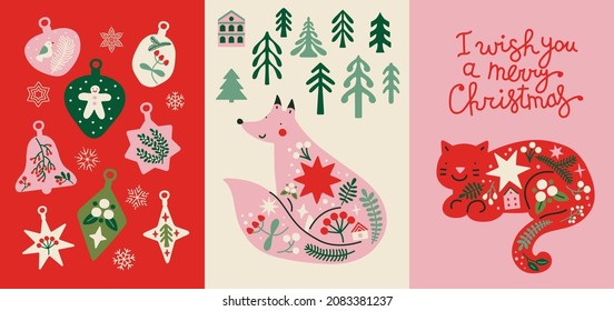 Set of Christmas postcards with fox, cat, balls. Simple New Year illustrations with lettering quotes. Ready for print. Banners, posters, scrapbooking. Scandinavian simple style decoration, presents.