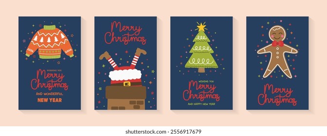 Set with Christmas poster. Greeting cards with cute hand drawn elements. Santa Claus, tree, sweater and gingerbread cookie. Vector illustration