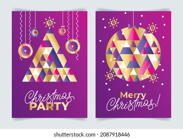 Set Christmas posters and abstract geometric compositions christnas tree   ball made from triangles  Luxury background and golden gradients   handwritten inscription  Card  invitation
